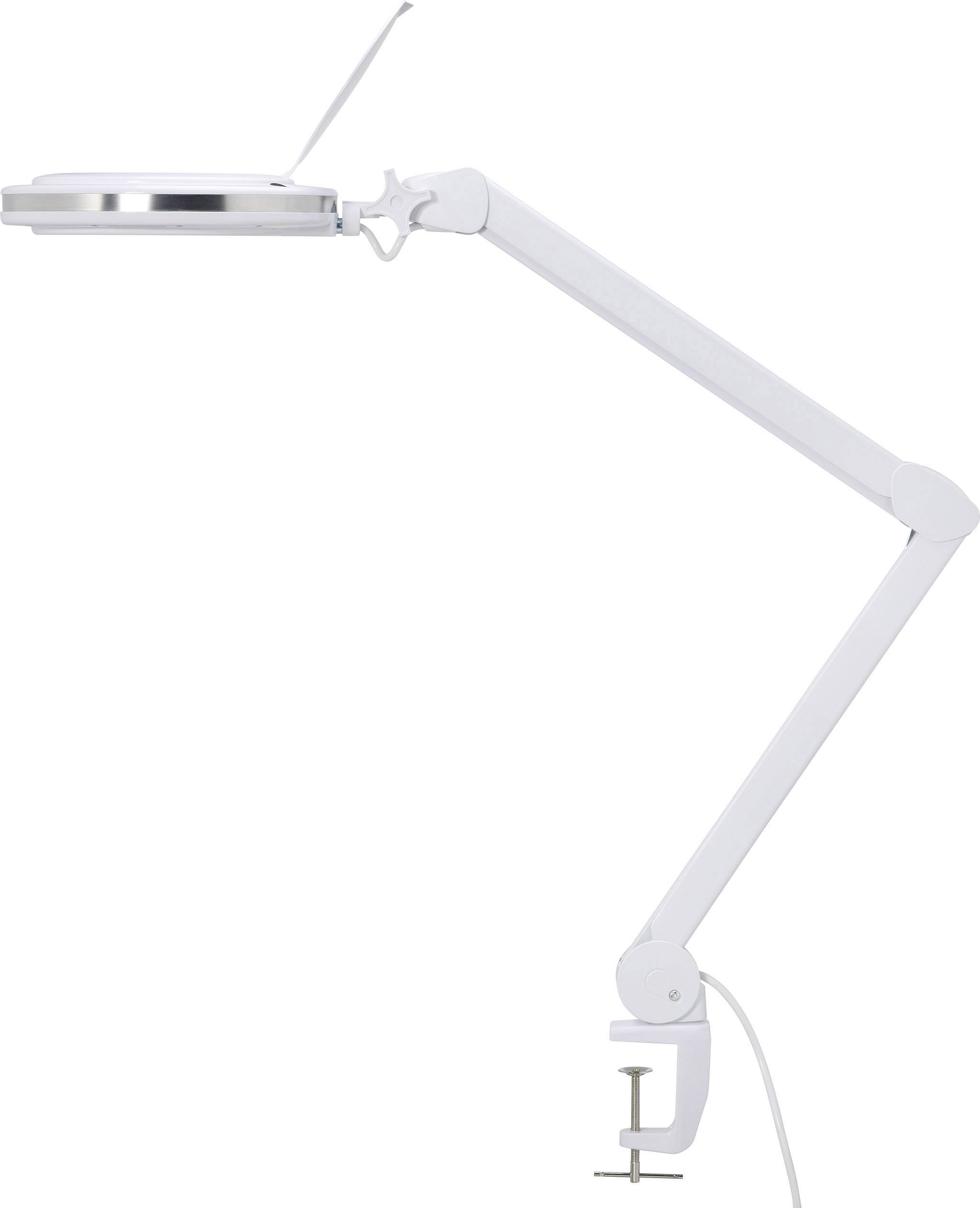 Weiße, klappbare Tischlampe mit runder Leuchte und Klemme für die Tischbefestigung. Geeignet für Arbeits- oder Schreibtische.