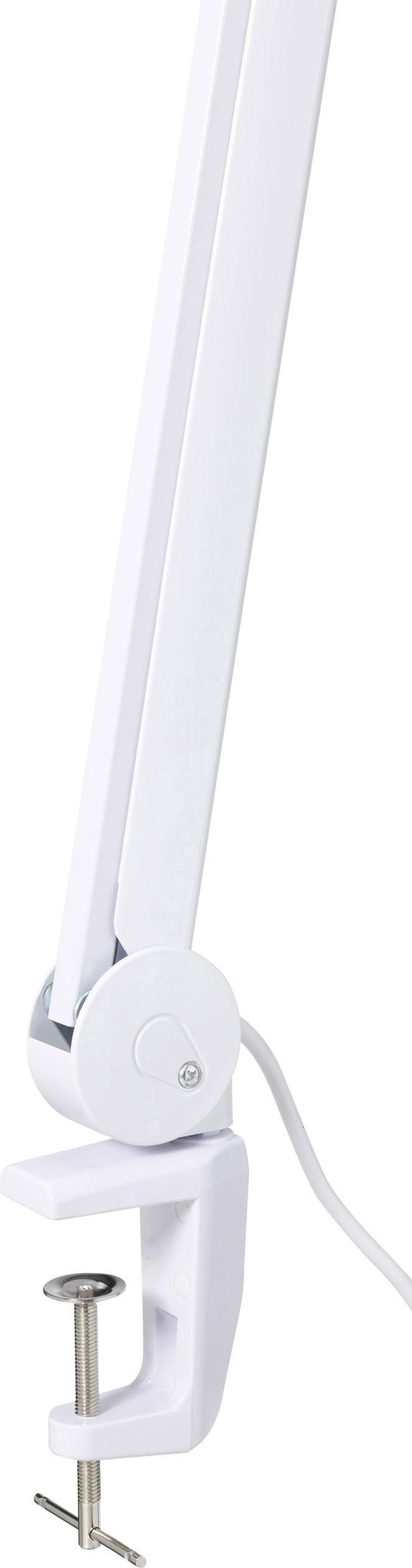 Weißer Arm einer Lampe mit Tischklemme zur Befestigung.