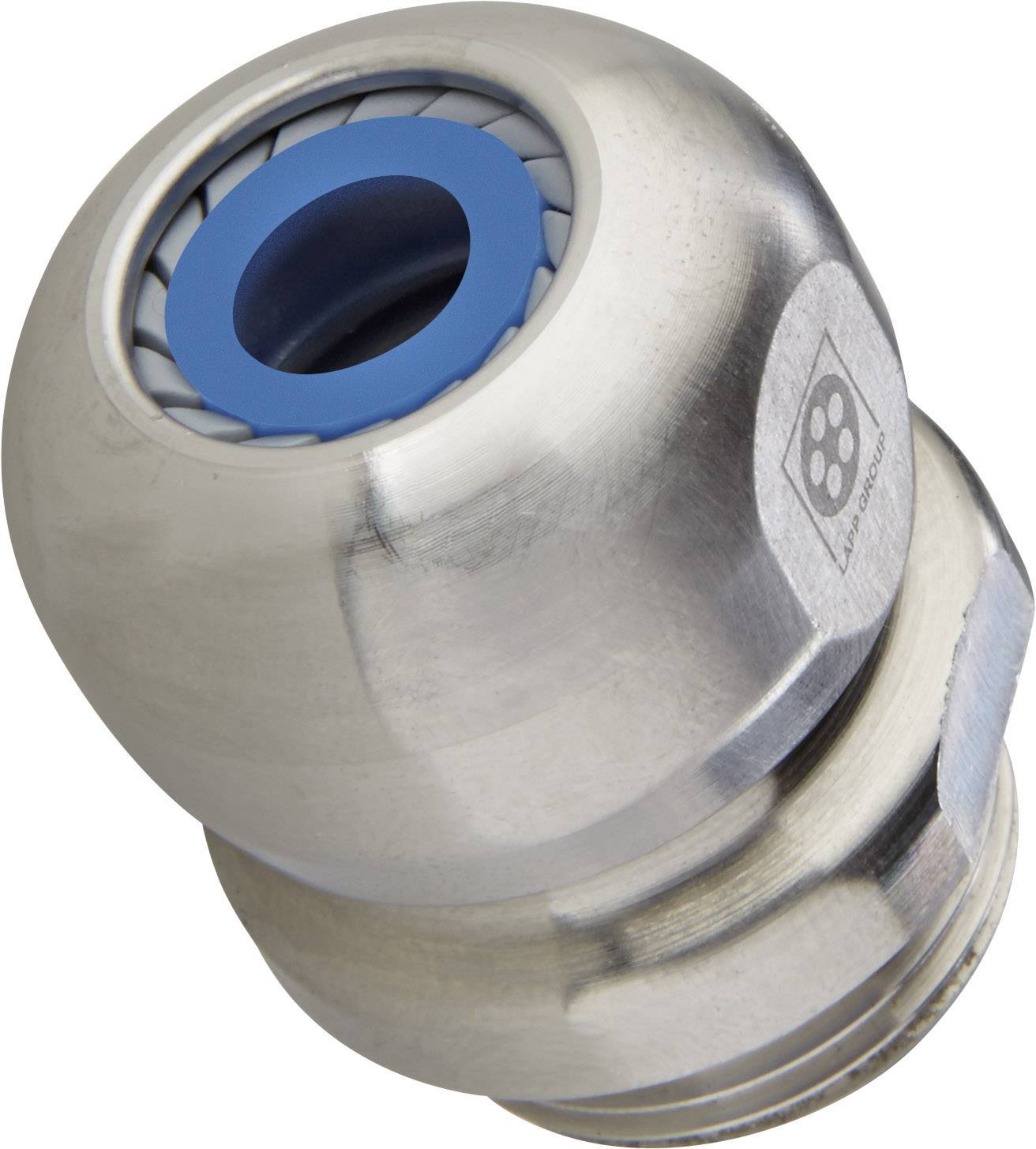 Nahaufnahme eines Metallkabelverschraubungssystems mit blauem Dichtungsring und sechseckigem Schraubteil, geeignet für industrielle Anwendungen.