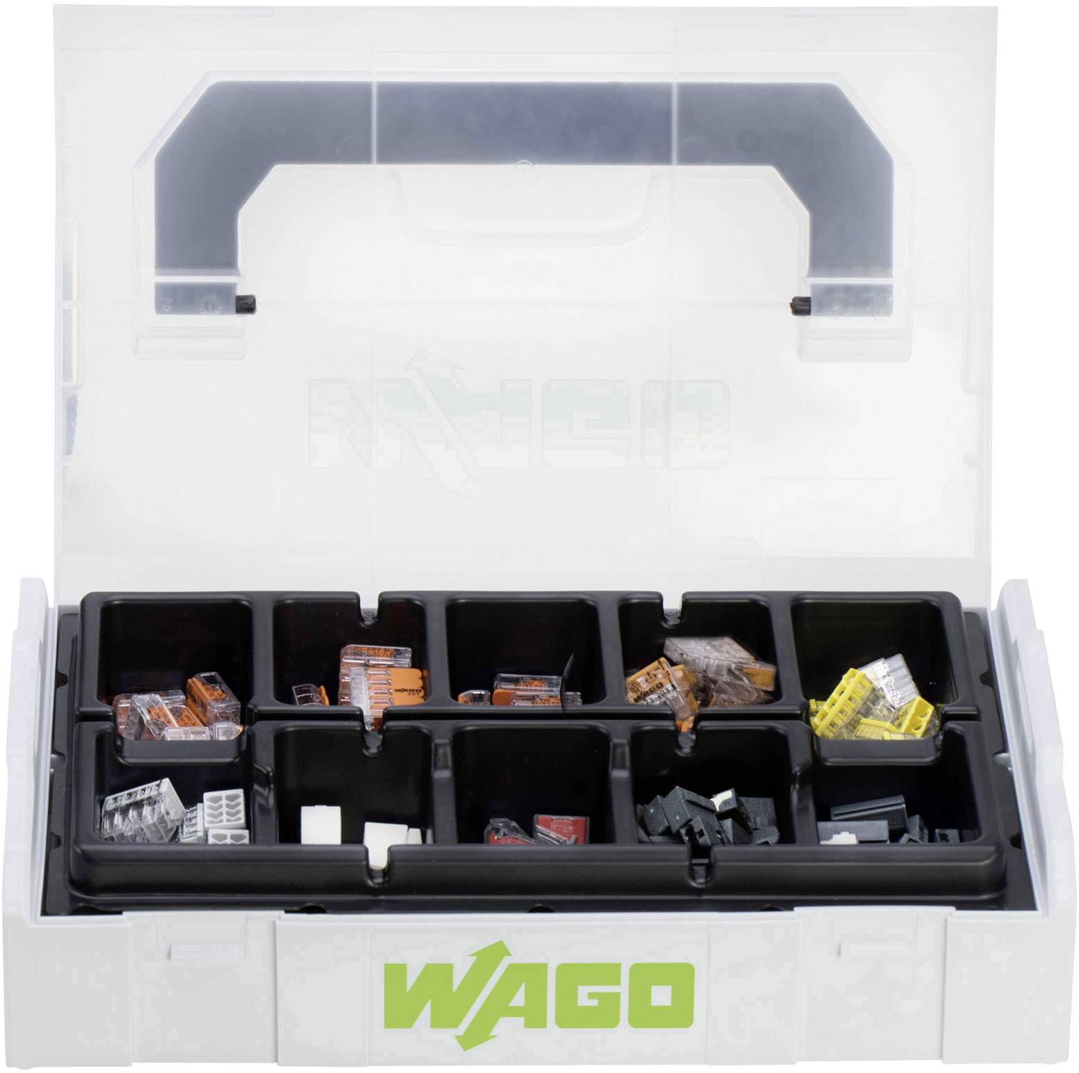 Eine geöffnete Sortimentsbox mit verschiedenen elektrischen Steckklemmen in getrennten Fächern. Auf der Box steht 'WAGO'.