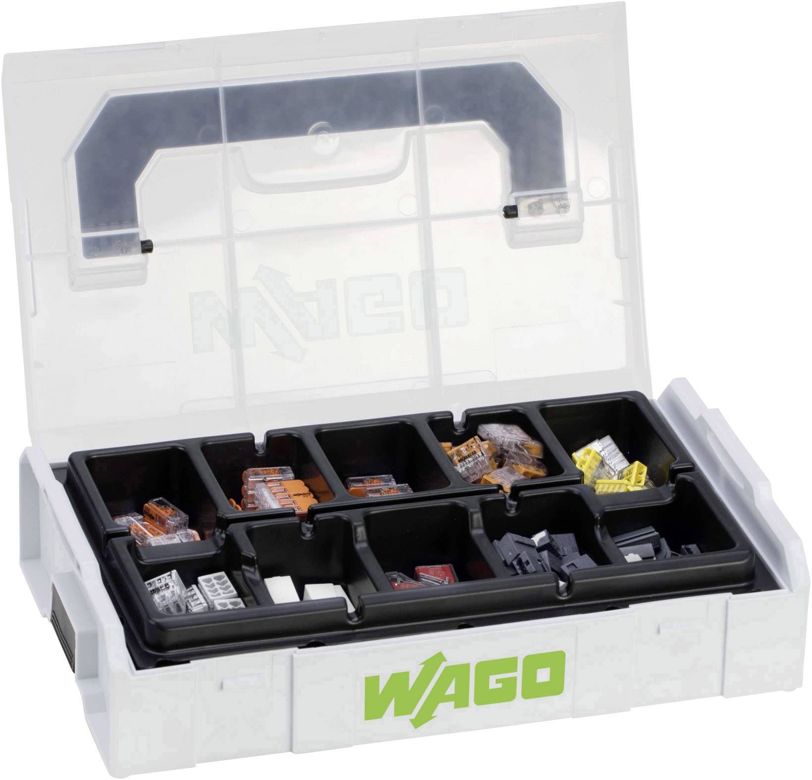 Eine geöffnete Sortierbox mit acht Fächern, die verschiedene WAGO-Verbindungsklemmen enthalten.