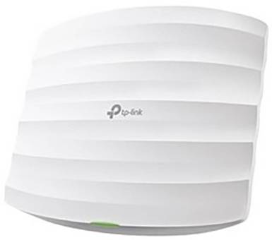 Ein weißer TP-Link WLAN-Access-Point mit geripptem Design, erkennbar an einem grünen Licht an der Unterseite.