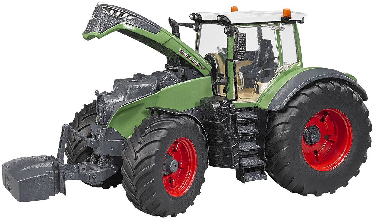 Grüner Traktor mit großen schwarzen und roten Rädern, seitliche Ansicht.