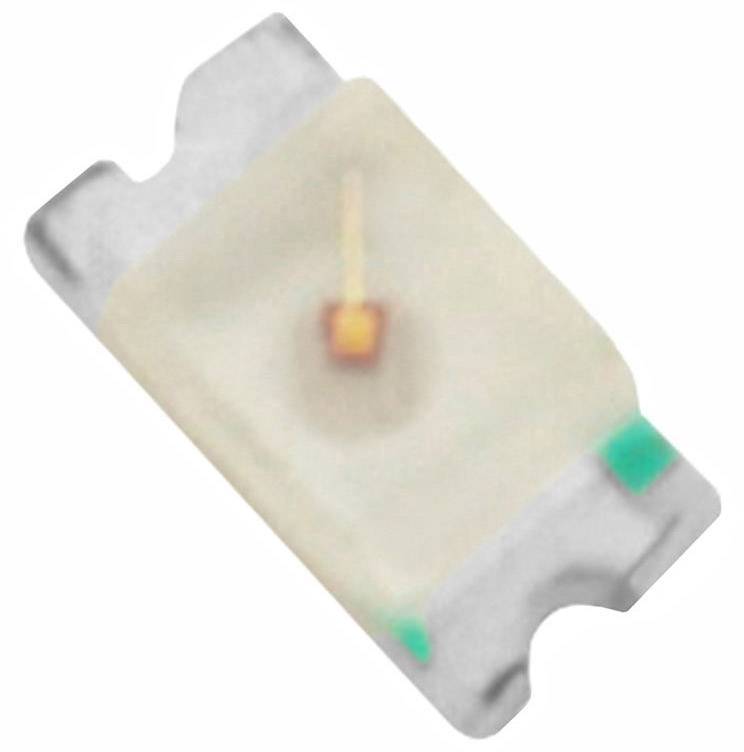 Eine kleine, rechteckige LED mit grünem Gehäuse und einer sichtbaren gelben Diode in der Mitte.