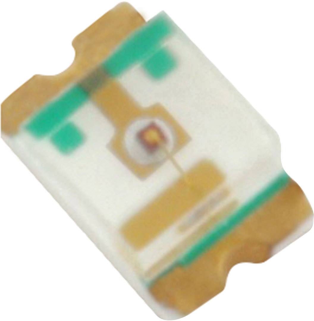 Ein kleines elektronisches Bauteil, möglicherweise eine LED, mit grünlichen und bronzenen Markierungen, auf weißem Hintergrund.