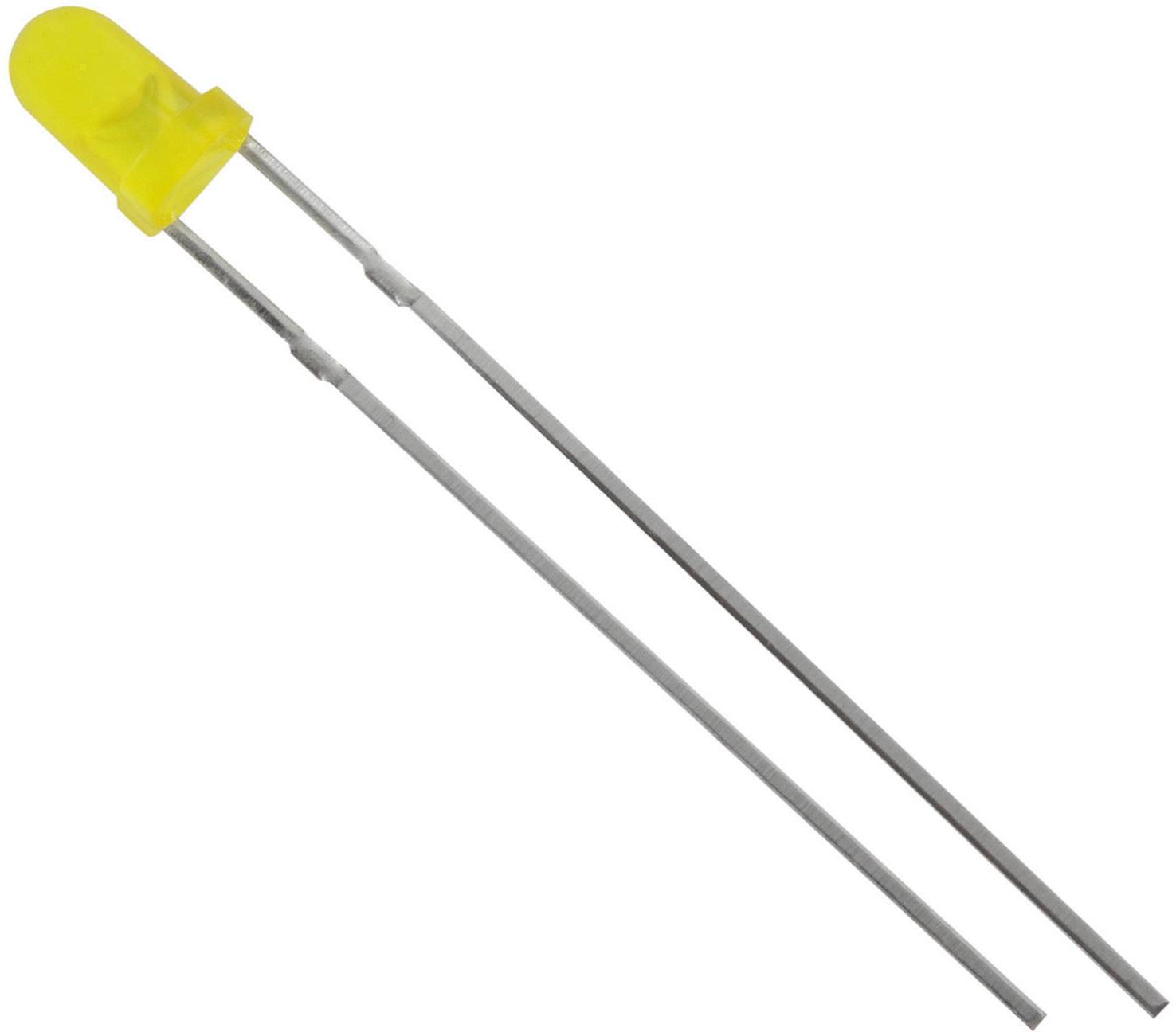 Gelbe LED mit zwei langen, silbernen Anschlüssen, die für elektronische Schaltkreise verwendet wird.