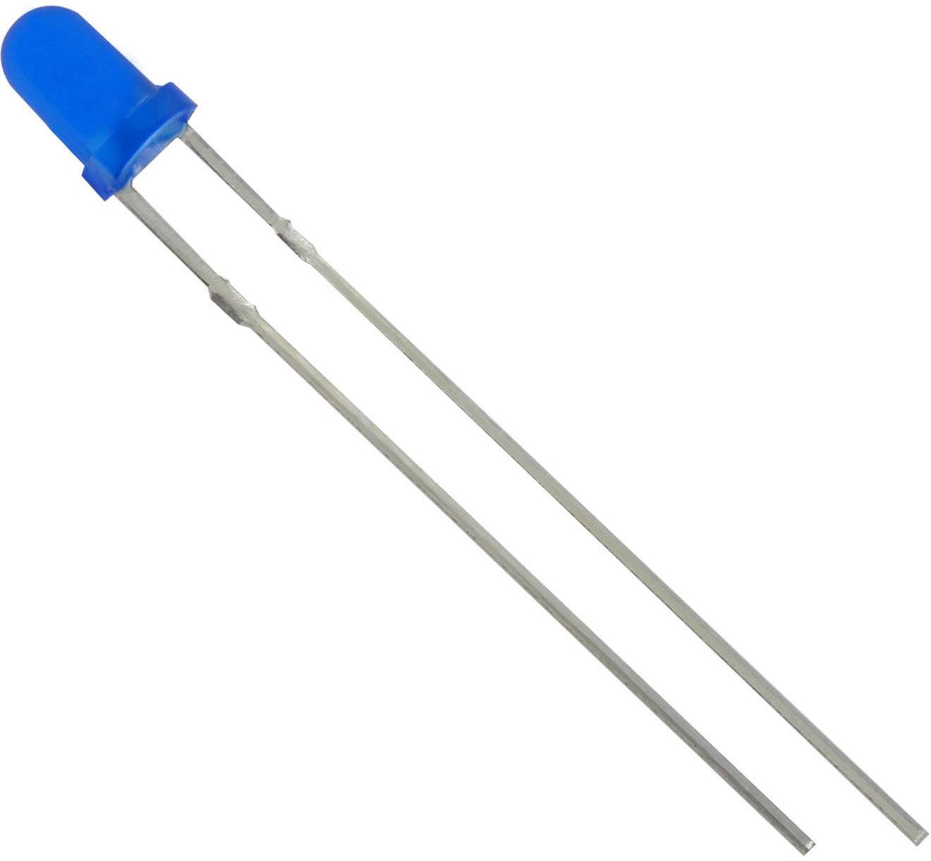 Blaue LED-Lampe mit zwei langen Metallanschlüssen, dargestellt vor einem weißen Hintergrund.