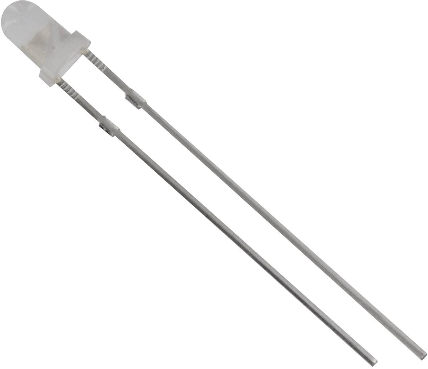 Eine einzelne weiße LED mit zwei langen Metallpins auf weißem Hintergrund. Die LED hat eine runde, durchsichtige Kappe.