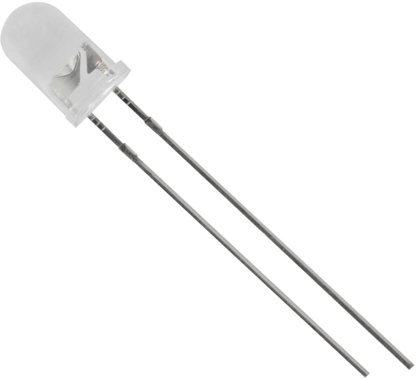 Eine einzelne LED-Diode mit zwei langen Anschlussdrähten, die schräg nach unten zeigen. Sie ist transparent und zylinderförmig.