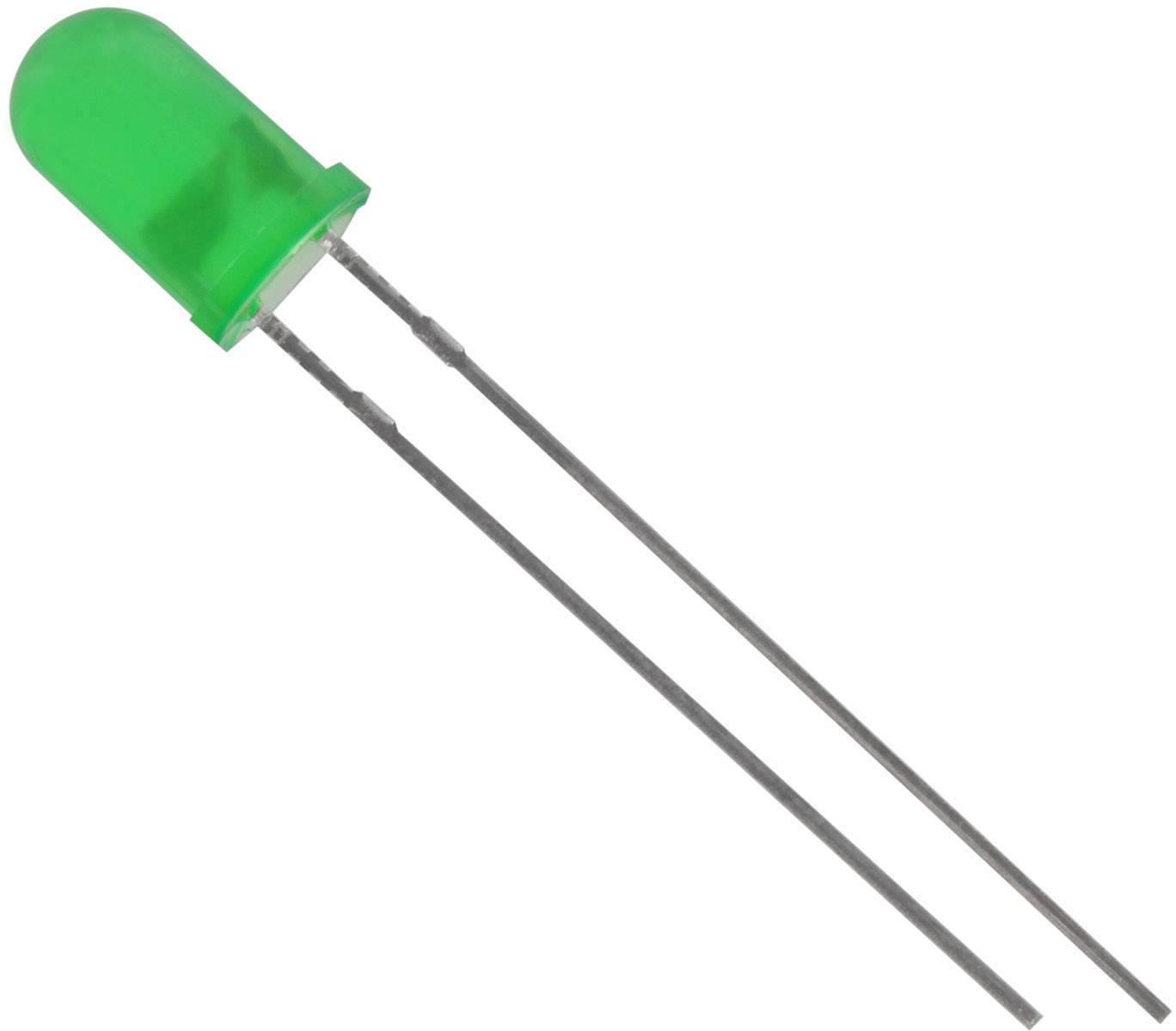 Eine grüne Leuchtdiode (LED) mit zwei Metallbeinen auf weißem Hintergrund. Die LED ist für elektronische Anwendungen verwendet.