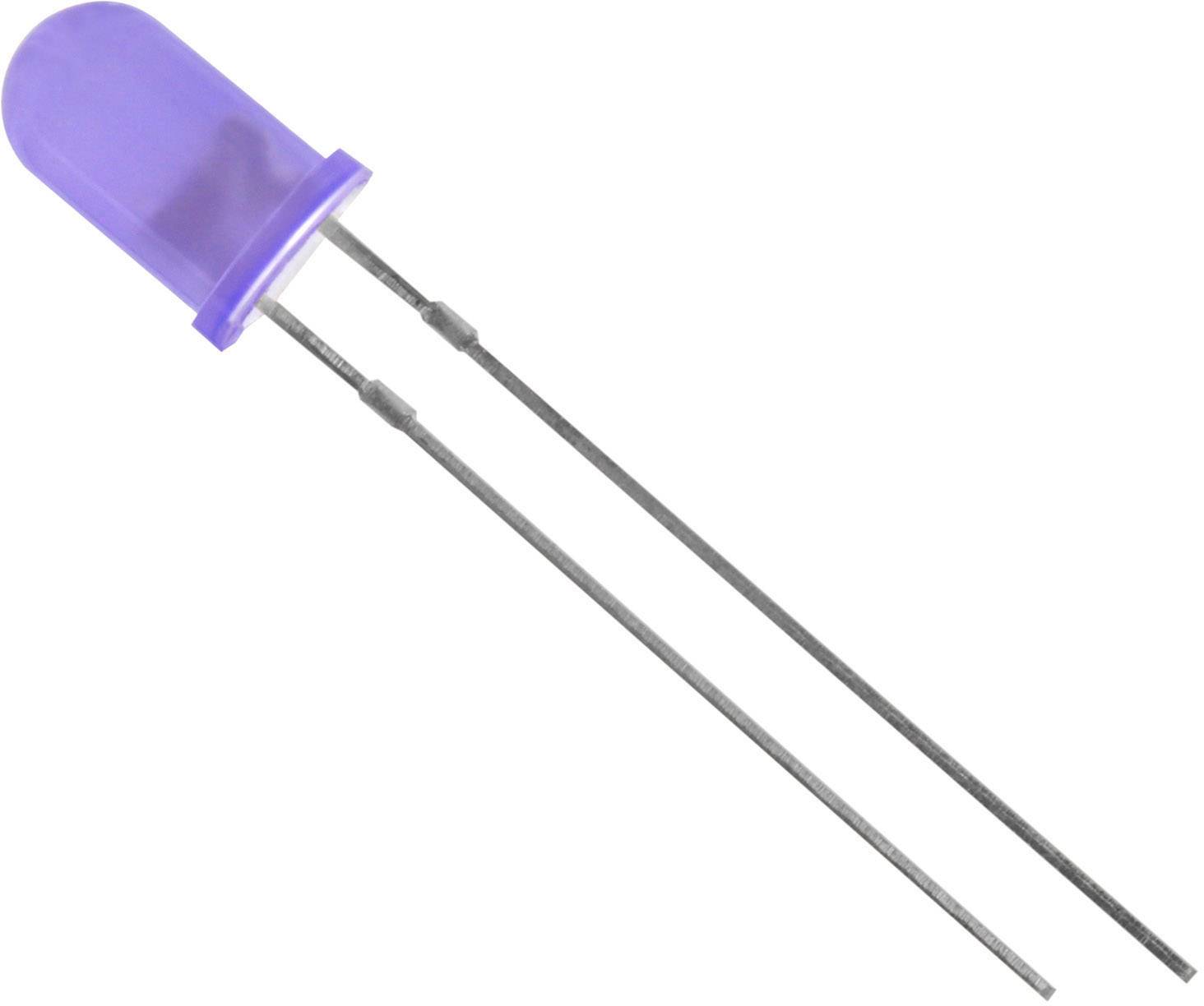 Eine violette LED mit zwei langen, dünnen Metallbeinen zur elektrischen Verbindung.