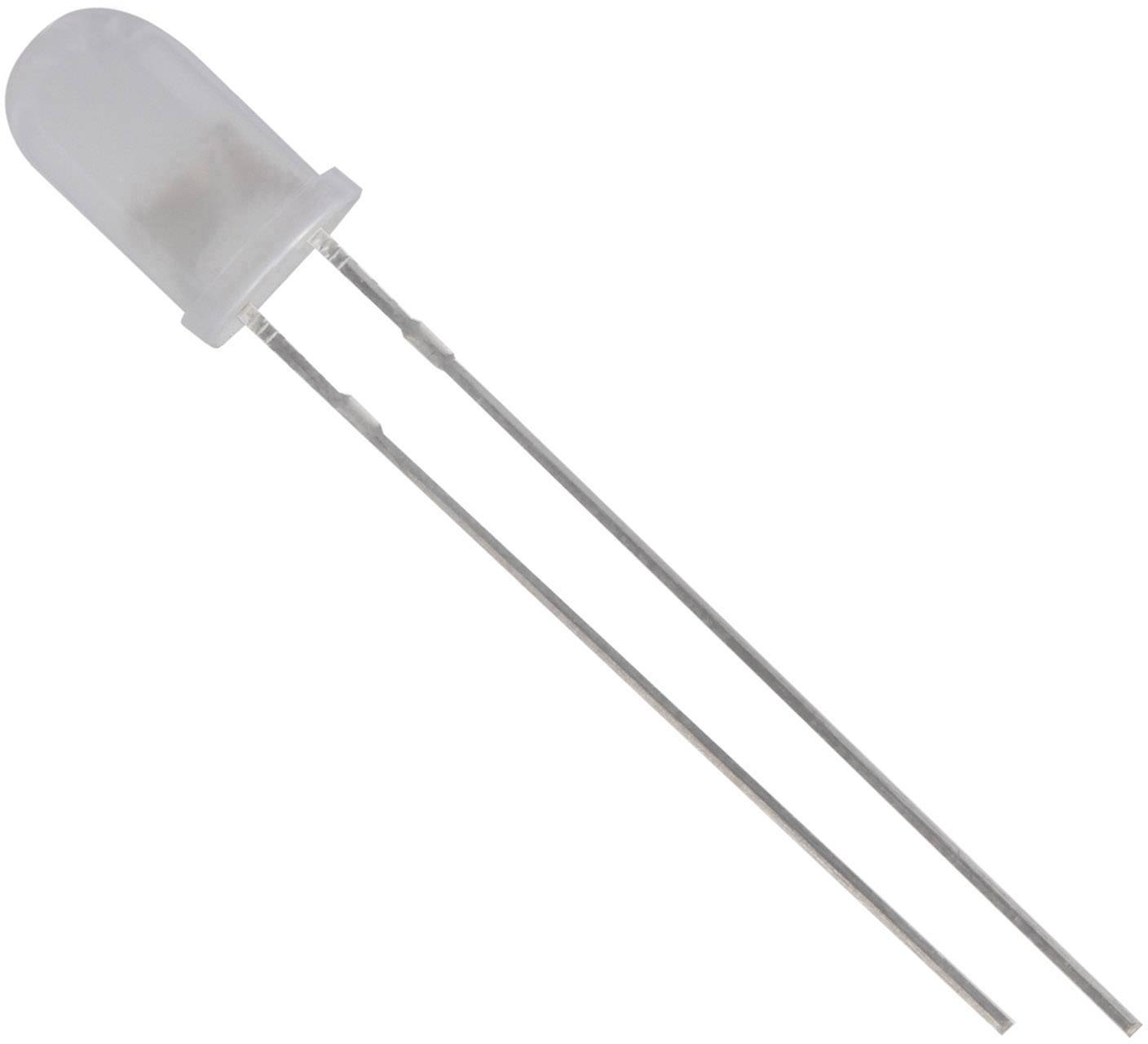 Ein einzelner, transparenter LED-Diode mit zwei langen Metallbeinen, dargestellt auf weißem Hintergrund.