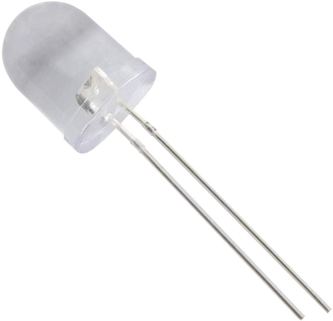 Eine transparente Leuchtdiode (LED) mit zwei langen Metallpins zum Einlöten in elektronische Schaltungen.