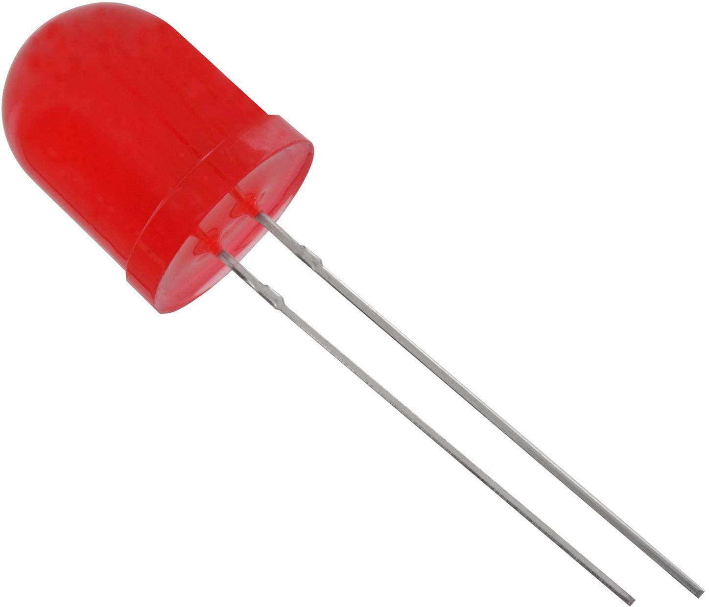 Eine rote Leuchtdiode (LED) mit zwei Metallanschlüssen, typisches elektronisches Bauelement zur Anzeige oder Beleuchtung.