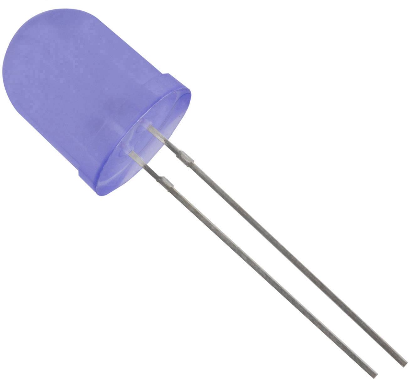 Eine blaue LED-Diode mit zwei Metallanschlüssen, die oben abgerundet ist. Diese wird üblicherweise in elektronischen Schaltungen verwendet.