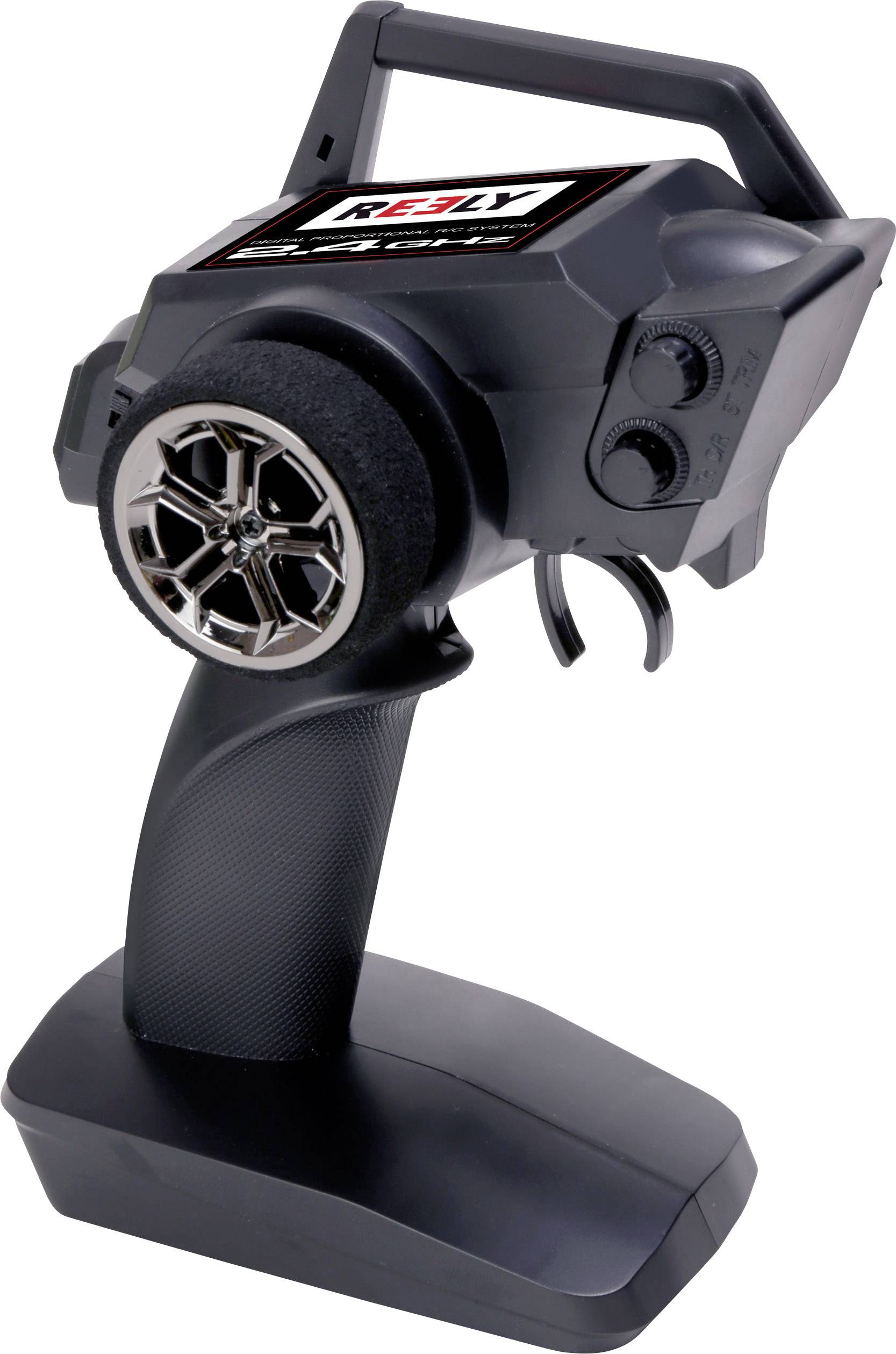 Schwarz-grauer Fernsteuerungscontroller mit Griff, Lenkrad und Tasten, verwendet zur Steuerung von Modellfahrzeugen, vor weißem Hintergrund.