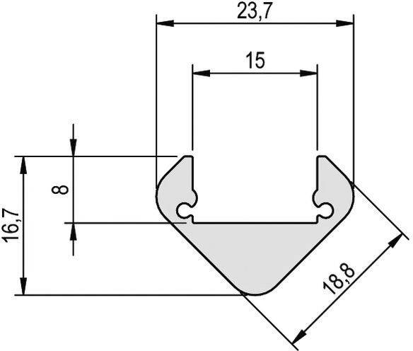 Technische Zeichnung eines Profils mit Maßen: Breite 23,7 mm, Höhe 16,7 mm, innere Breite 15 mm und eine Winkelabschrägung von 18,8 mm.