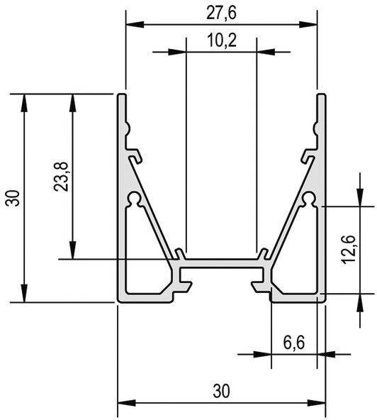 Technische Zeichnung eines rechteckigen Profils mit Maßen. Breite: 30 mm, Höhe: 30 mm, Innenmaße und Stärken sind detailliert angegeben.