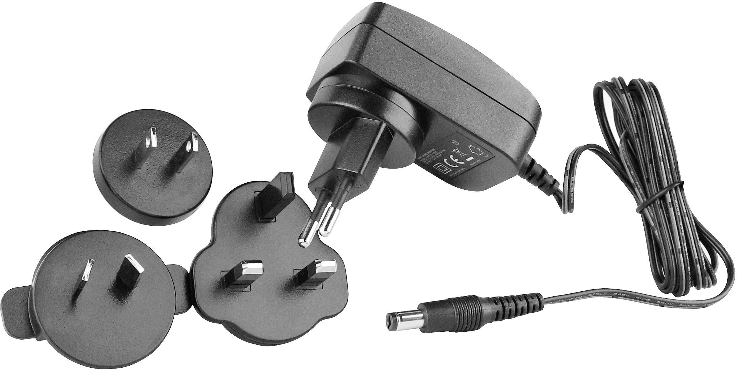 Schwarzes Netzteil mit drei austauschbaren Steckern und einem Kabel. Geeignet für internationale Adapterkompatibilität.