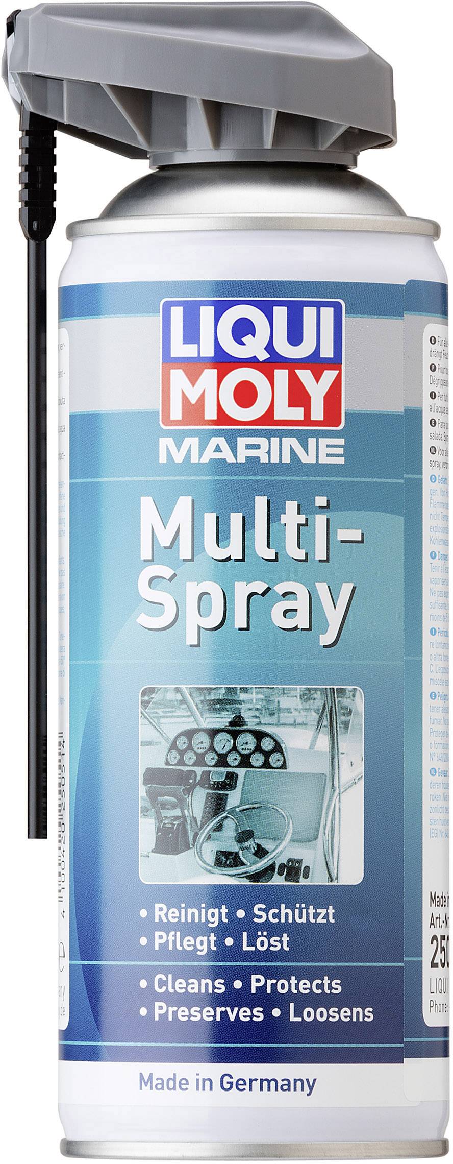 Eine Spraydose von 'LIQUI MOLY Marine Multi-Spray', geeignet zum Reinigen, Schützen und Lösen auf marineblauem Hintergrund.