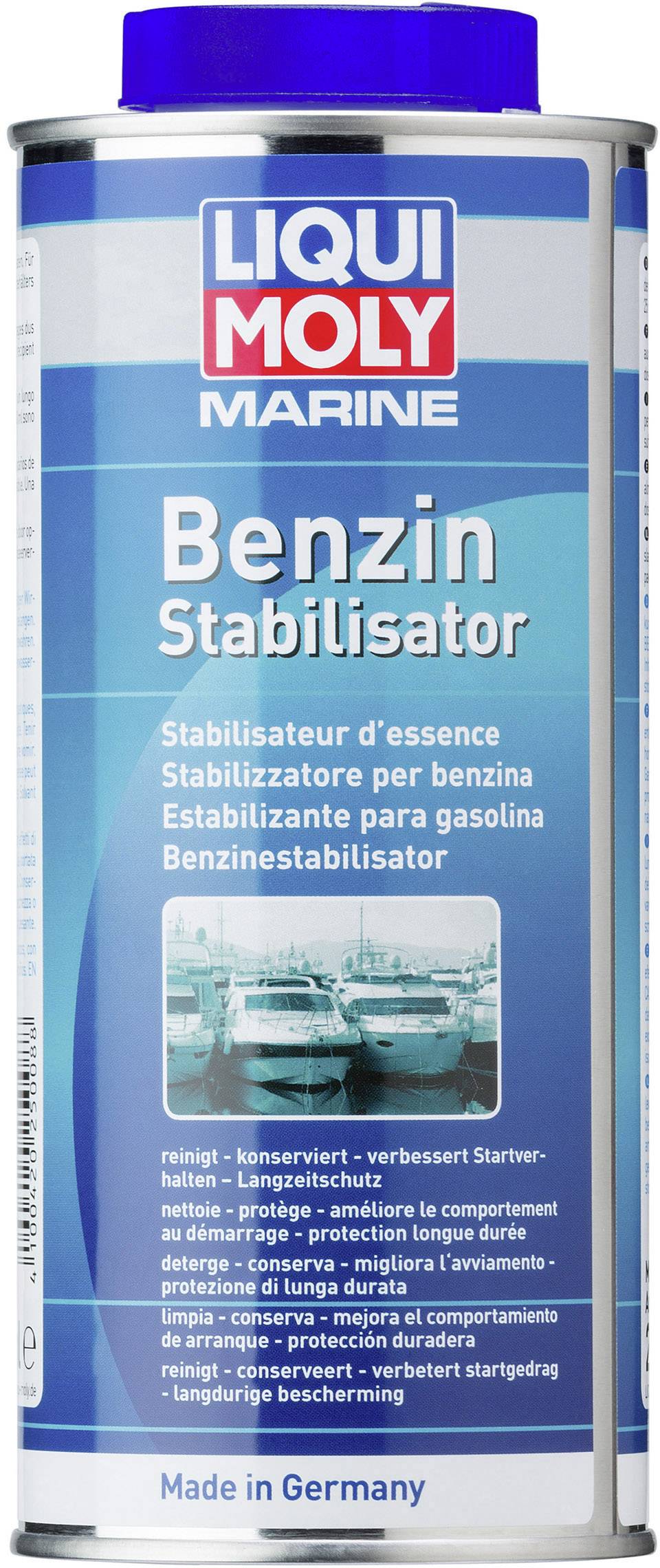 Eine Flasche Liqui Moly Marine Benzin Stabilisator mit Text in mehreren Sprachen, der die Nutzung zur Benzinkonservierung beschreibt.