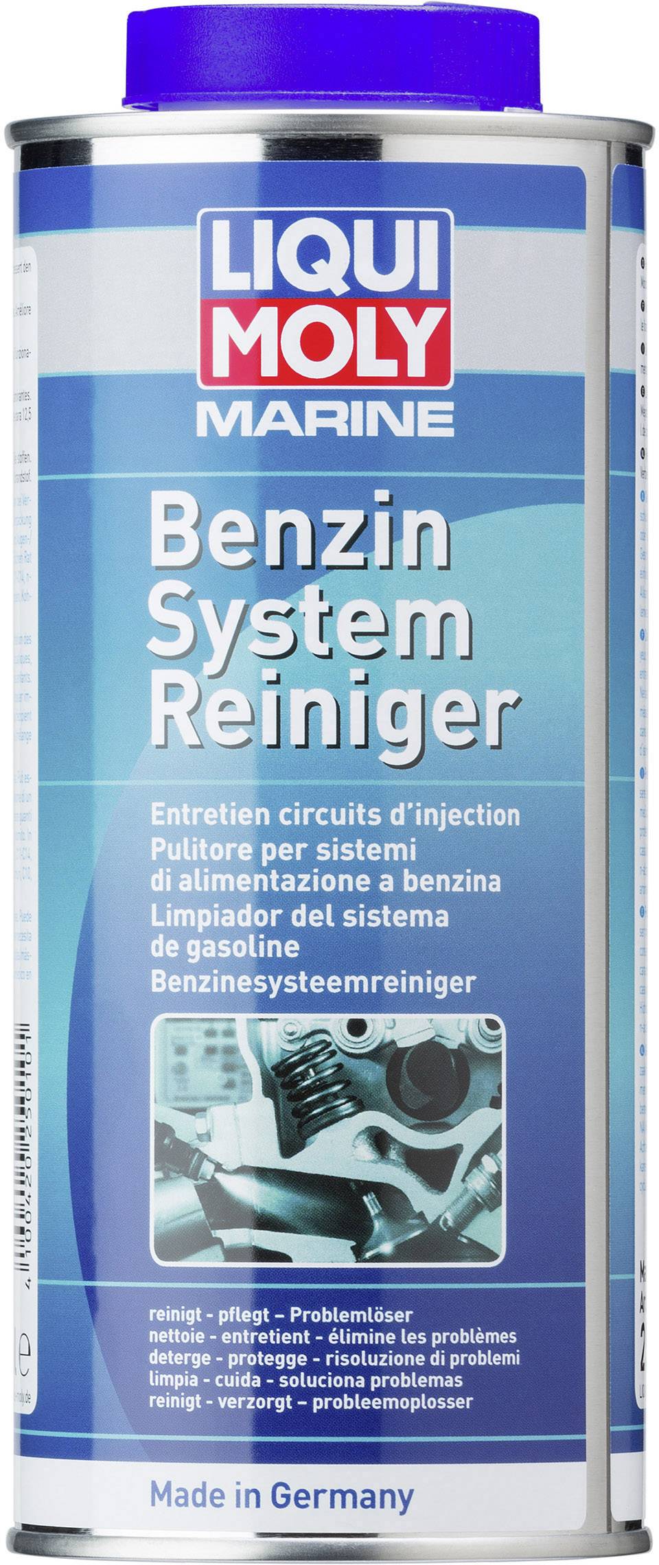Eine Dose 'Liqui Moly Marine Benzin System Reiniger', ein Reinigungsmittel für Kraftstoffsysteme, mit blauer Hintergrundgestaltung.