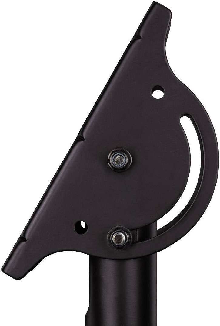 Schwarzes Metallhalterungsteil mit verstellbarem Gelenk und Schrauben. Es dient wahrscheinlich zur Befestigung oder Unterstützung von Strukturen.