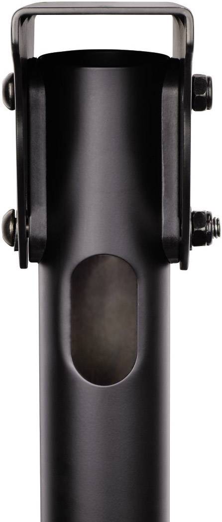 Nahaufnahme eines schwarzen Metallpfostens mit rechteckiger Halterung oben und ovaler Aussparung in der Mitte, gesichert mit Schrauben.