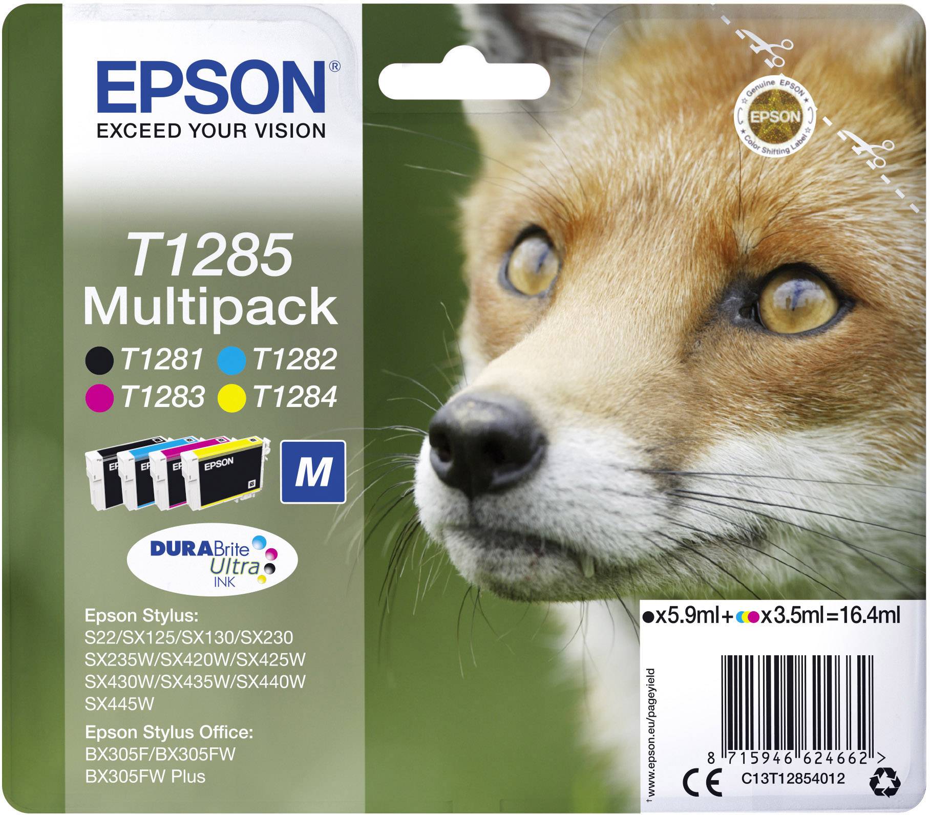 Ein Fuchs-Bild mit Epson-Patronen T1285 Multipack. Enthält Modelle T1281 bis T1284. Patronenfarben: Schwarz, Cyan, Magenta, Gelb.