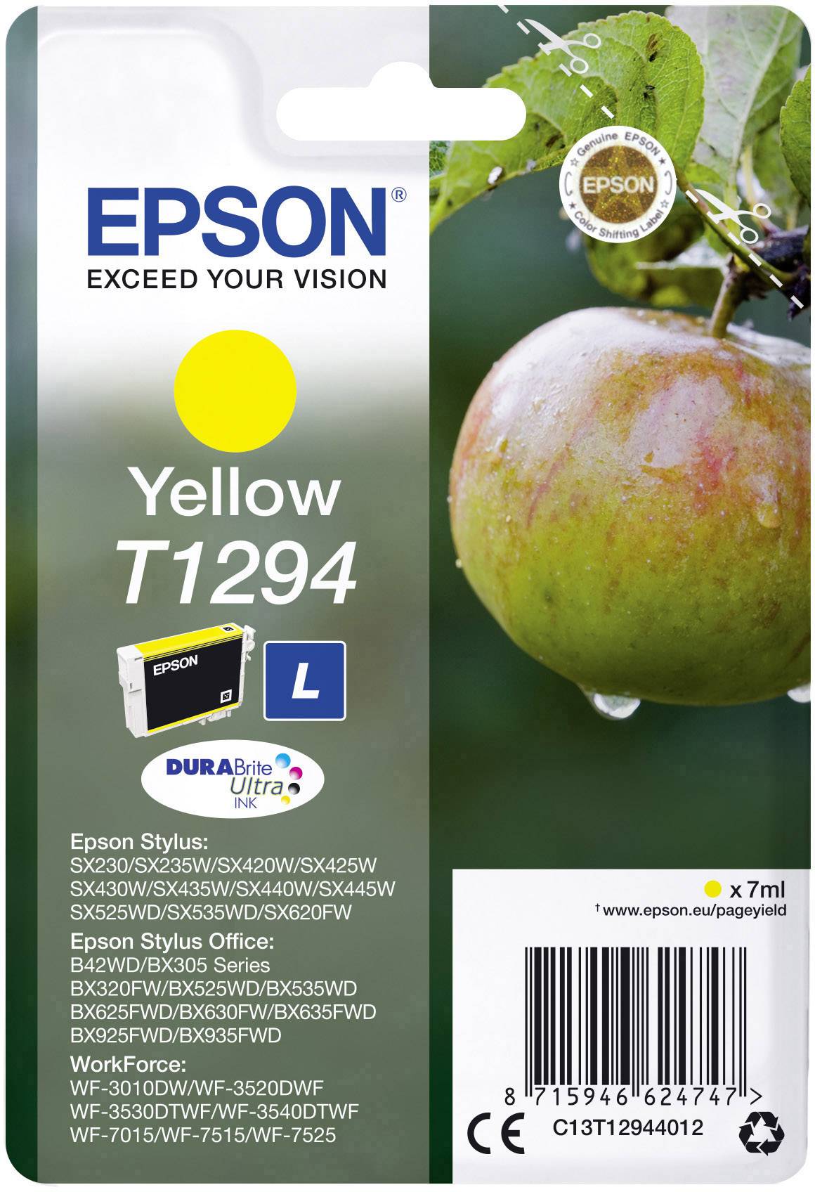Tintenpatrone in Gelb 'T1294' von Epson. Passend für Modelle wie Stylus SX230 und WorkForce WF-3520. Durabrite Ultra Tinte.