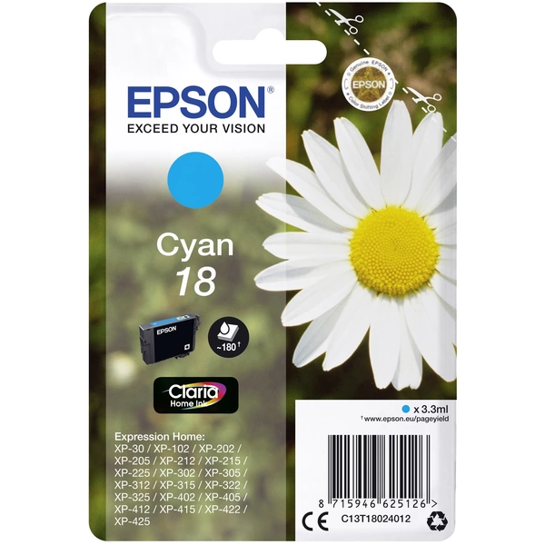Epson Druckerpatrone T1802, 18 Original Cyan C13T18024012 Epson Druckerpatrone T1802, 18 Original Cyan C13T18024012