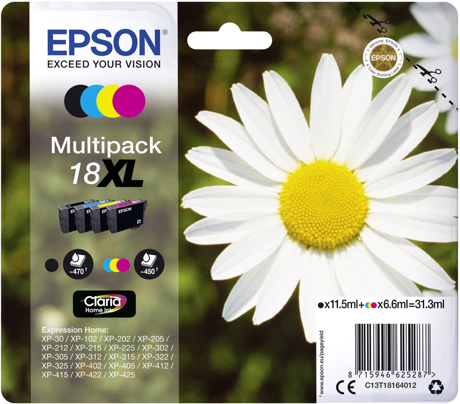 Verpackung für Epson Tintenpatronen Multipack 18XL mit Bild einer weißen Blume. Kompatibel mit verschiedenen Druckermodellen.