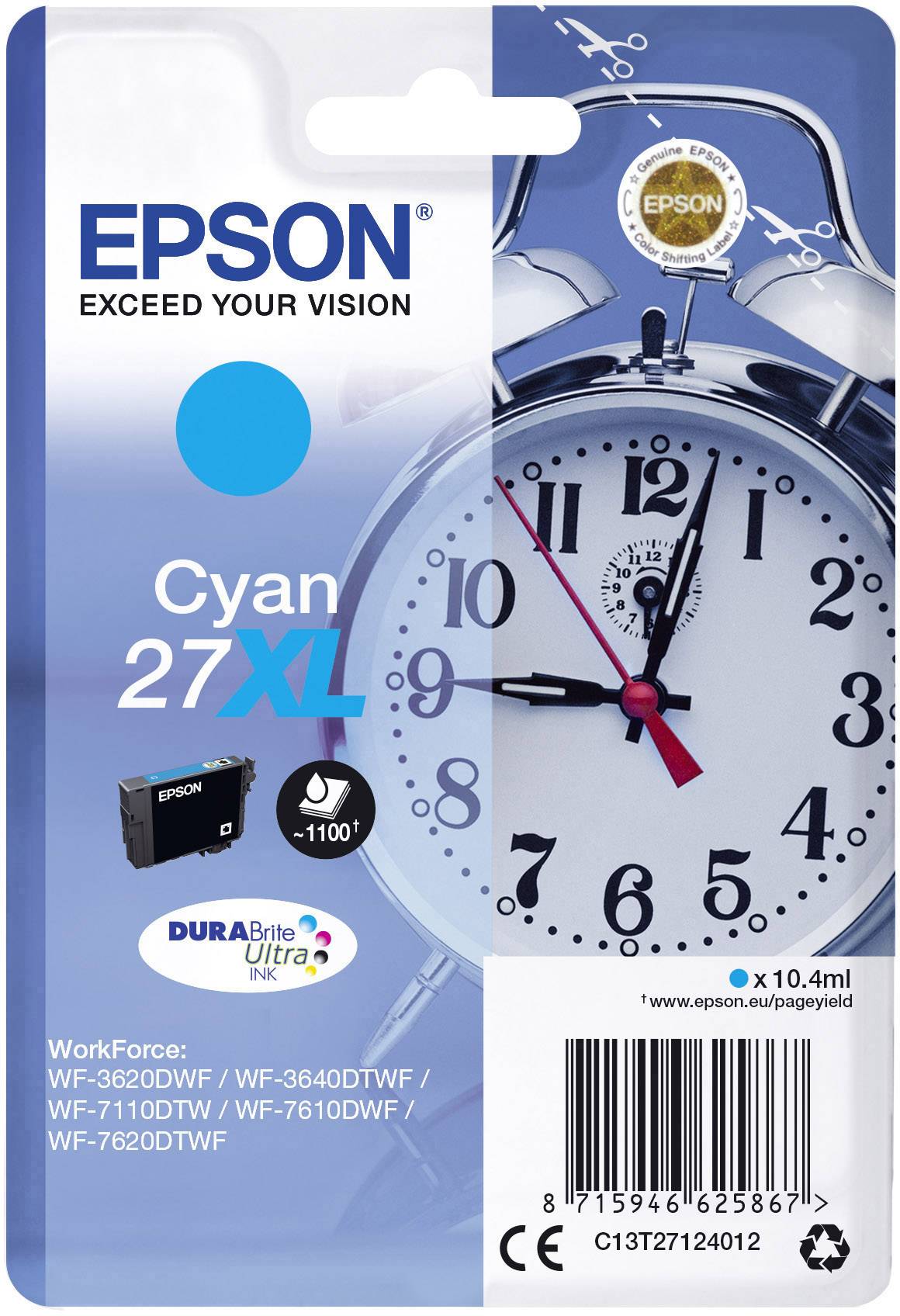 Eine Verpackung für eine Epson Cyan 27XL Tintenpatrone. Darauf ist ein Wecker abgebildet. Geeignet für bestimmte WorkForce-Druckermodelle.