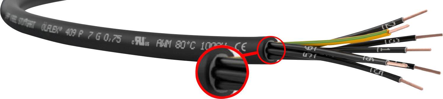 Schwarzes Elektrokabel mit offenen Kupferdrähten, umgeben von Isolationsmaterial. Sechs Drähte sind sichtbar, gelb-grün für Erdung.