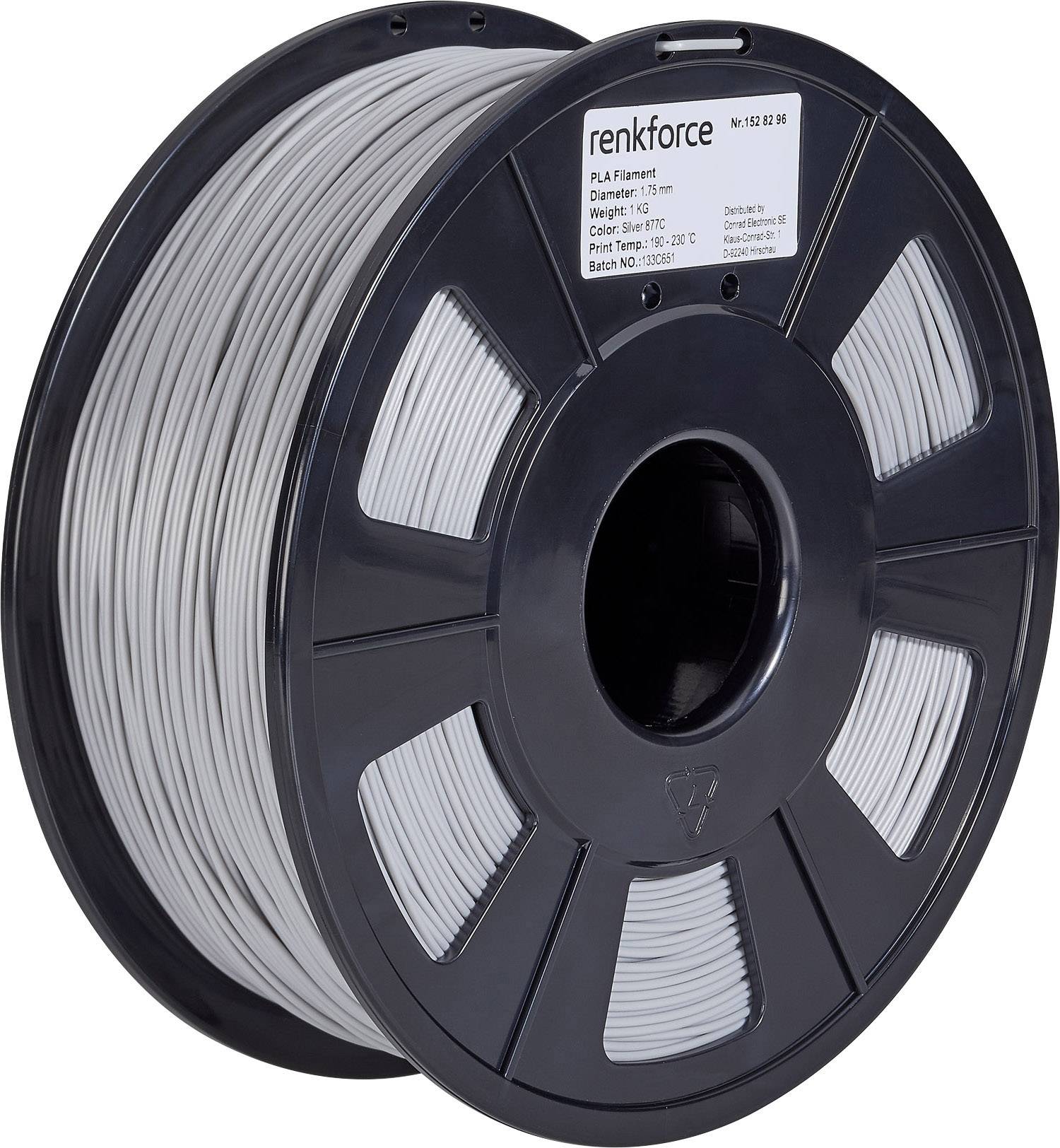 Eine schwarze Kunststoffspule mit grauem PLA-Filament für 3D-Drucker, etikettiert mit Informationen zu Durchmesser, Gewicht und Temperatur.