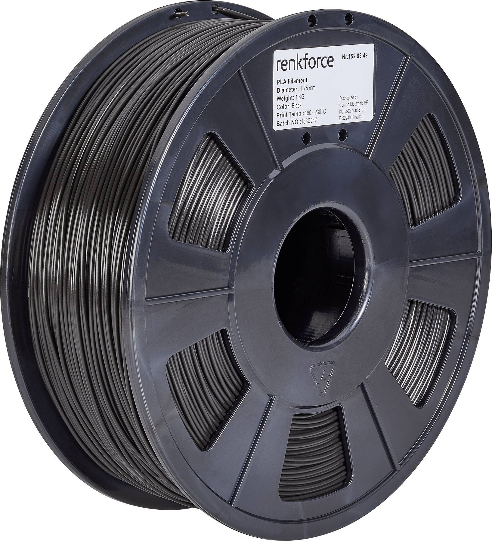 Eine schwarze Rolle PLA-Filament von 'renkforce' für 3D-Drucker, 1,75 mm Durchmesser, 1 kg Gewicht, Artikeldetails auf Etikett.