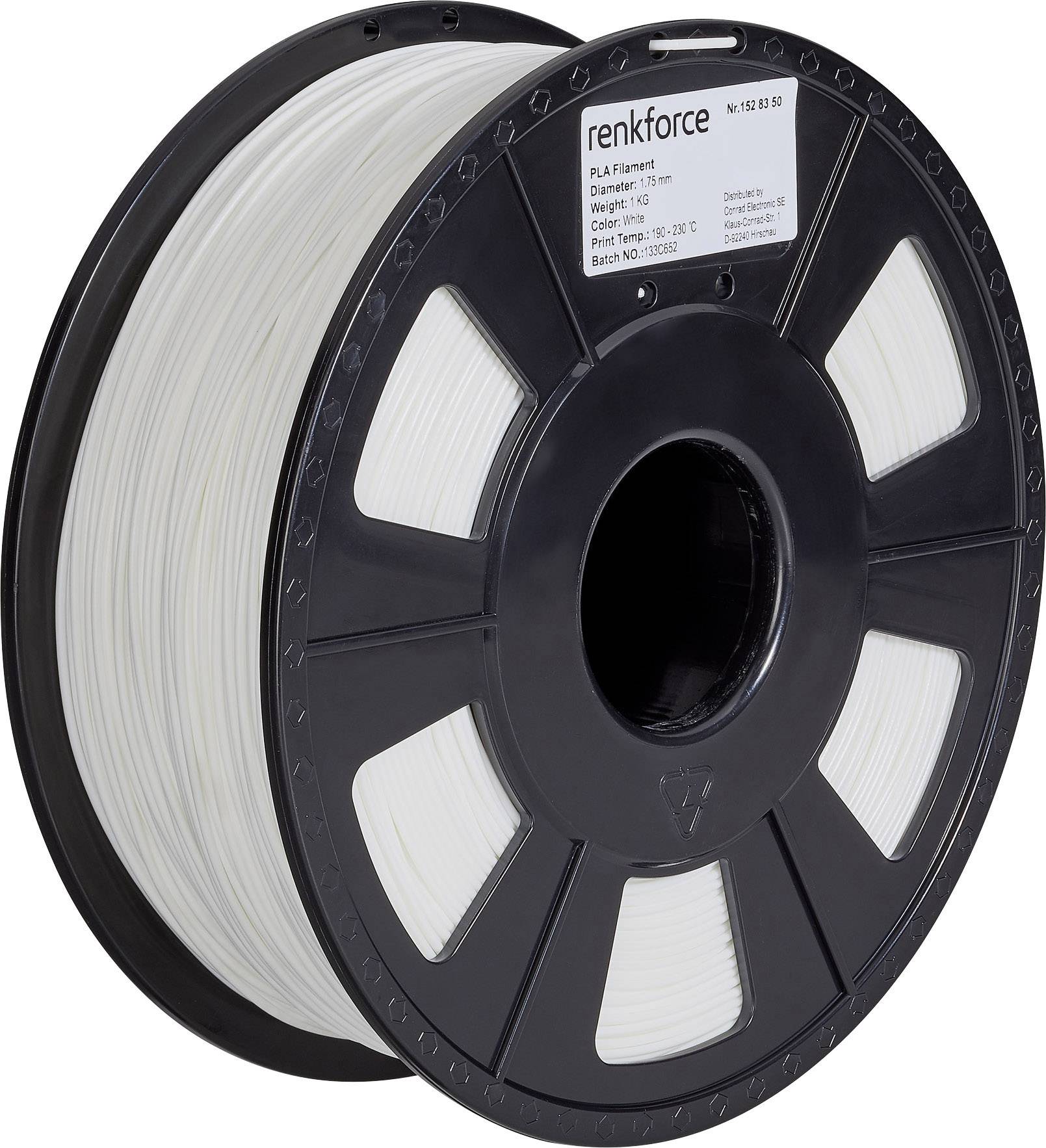 Eine Spule mit weißem PLA-Filament für 3D-Drucker der Marke 'renkforce', Durchmesser 1,75 mm, Gewicht 1 kg, empfohlen für 190-220 °C.
