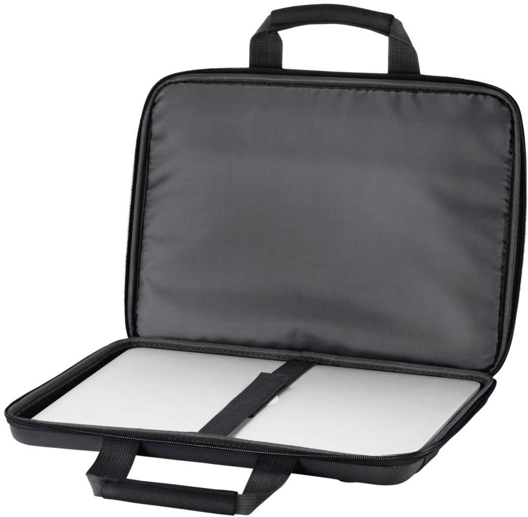 Graue, offene Laptop-Tasche mit Tragegriff und Riemen zur sicheren Befestigung des Laptops im Inneren.