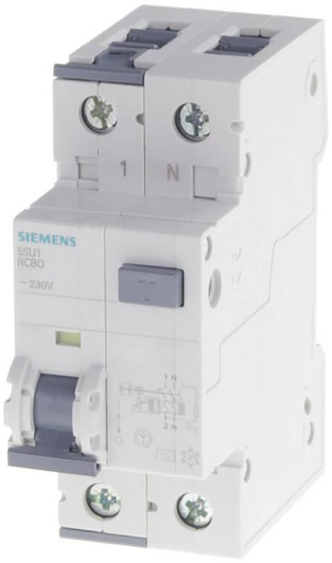 Ein Siemens FI-Schutzschalter, Modell 5SU1, mit 230V. Weißes Gehäuse mit Schraubanschlüssen und blauer Kippschalter.