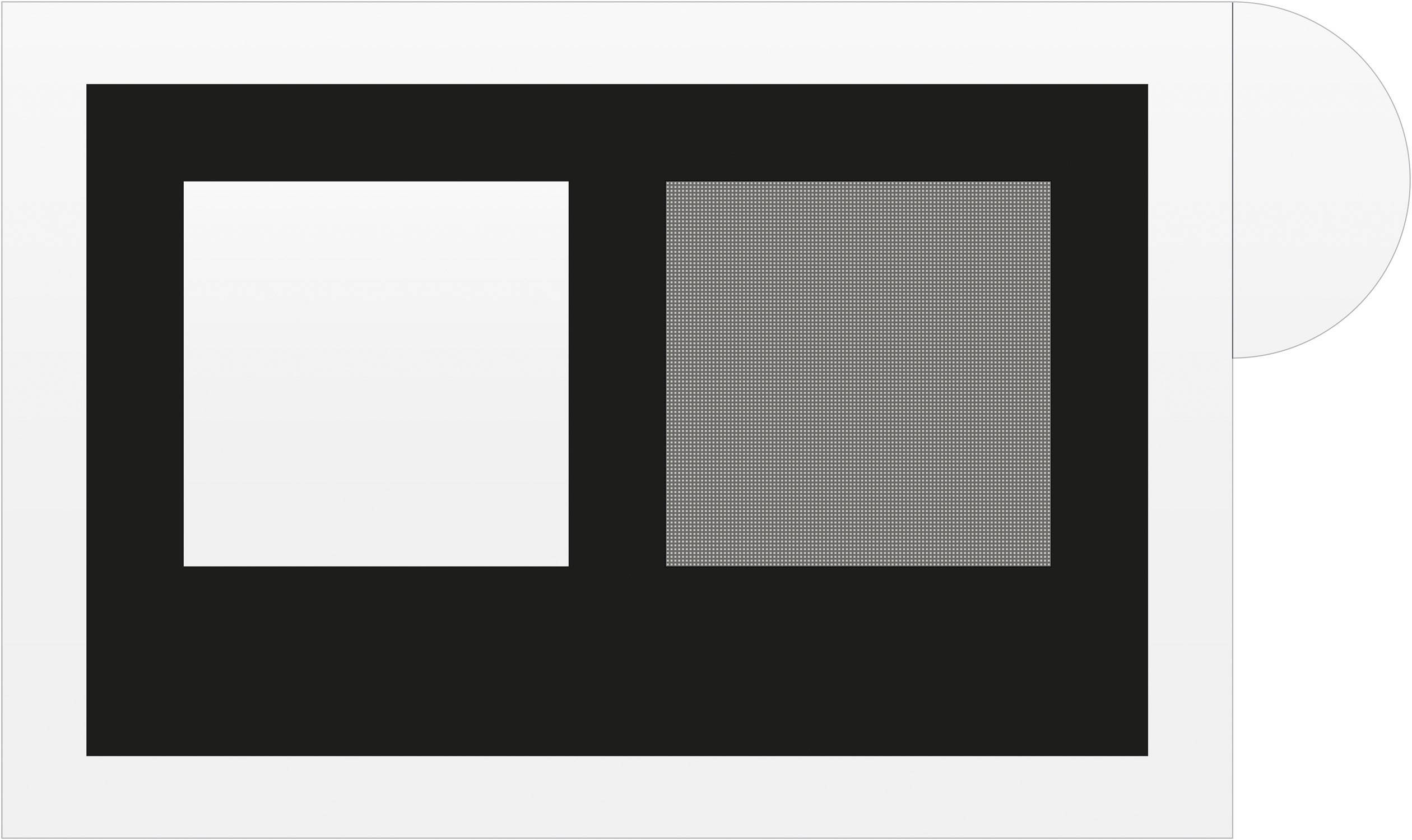 Ein rechteckiges Diagramm zeigt zwei nebeneinander liegende quadratische Flächen. Links weiß, rechts grau schattiert auf schwarzem Hintergrund.