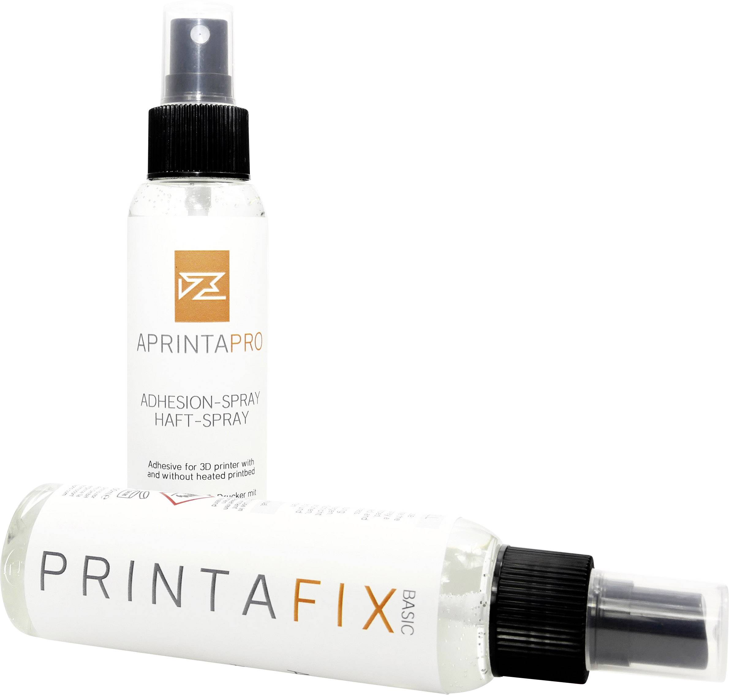 Zwei Sprühflaschen mit Haftspray für 3D-Drucker, eine stehend, eine liegend, mit der Aufschrift 'APRINTAPRO' und 'PRINTAFIX'.