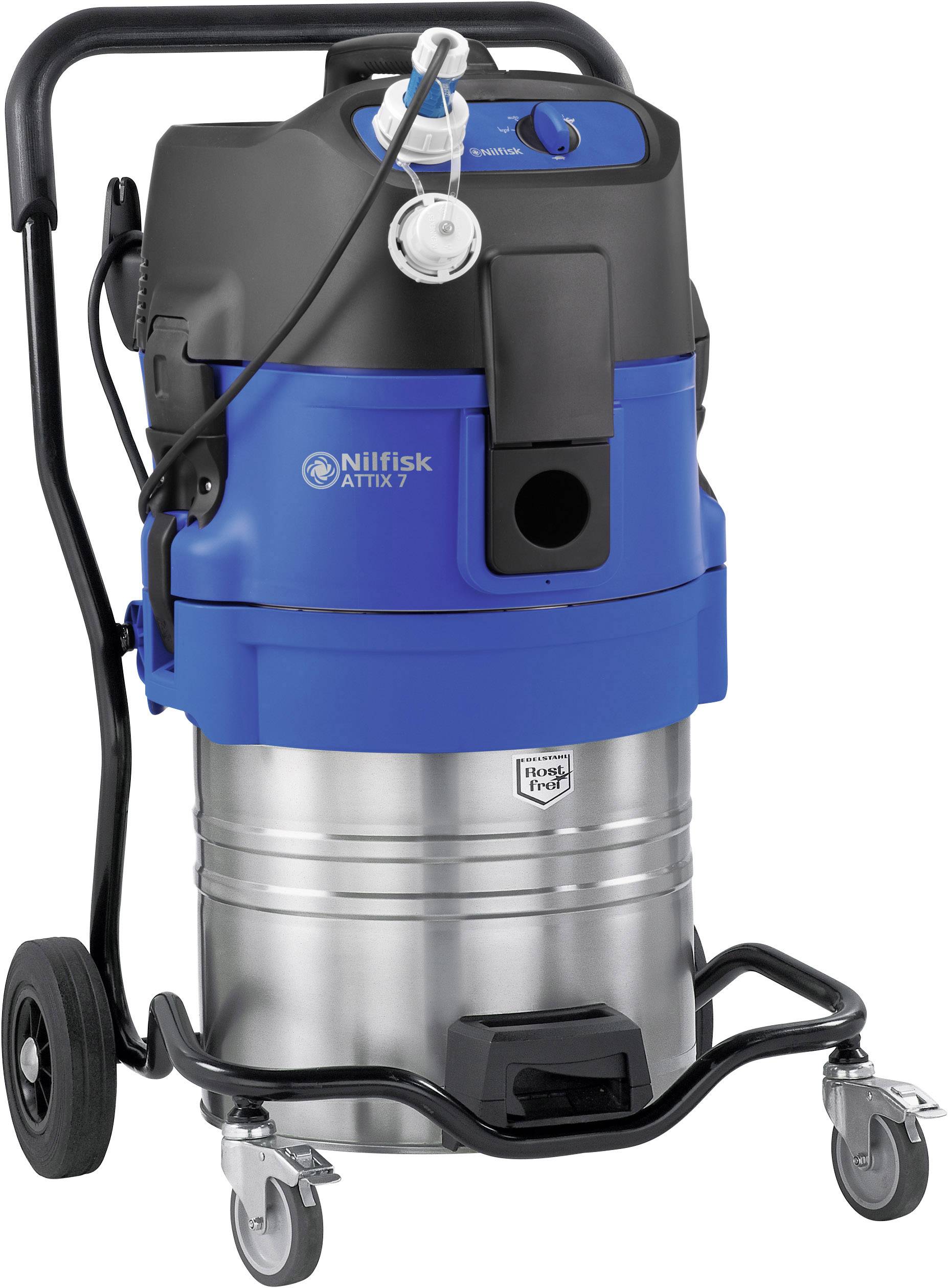 Industriesauger, Modell Nilfisk ATTIX. Metallkorpus mit blauem Plastikgehäuse, zwei Räder und Halterung für Zubehör.