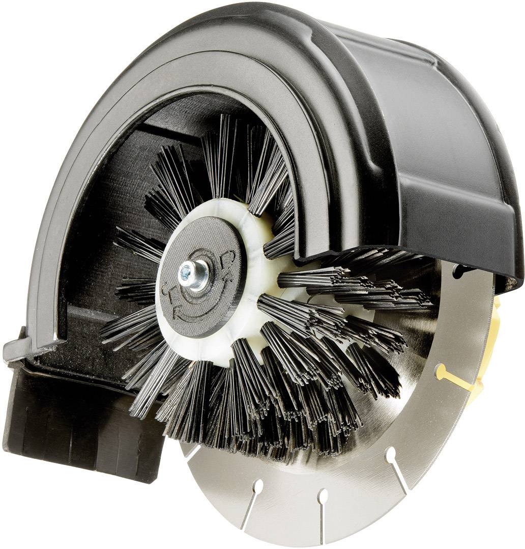 Eine runde Reinigungsbürste aus Kunststoff mit Borsten an einem Metallträger, geeignet für die Reinigung von Oberflächen.