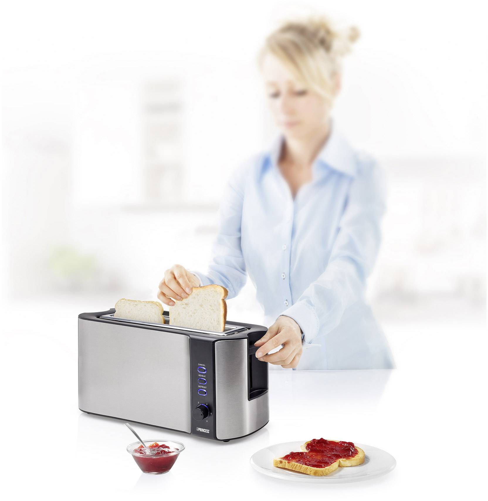 Princess Langschlitztoaster mit eingebautem Brötchenaufsatz Edelstahl, Schwarz