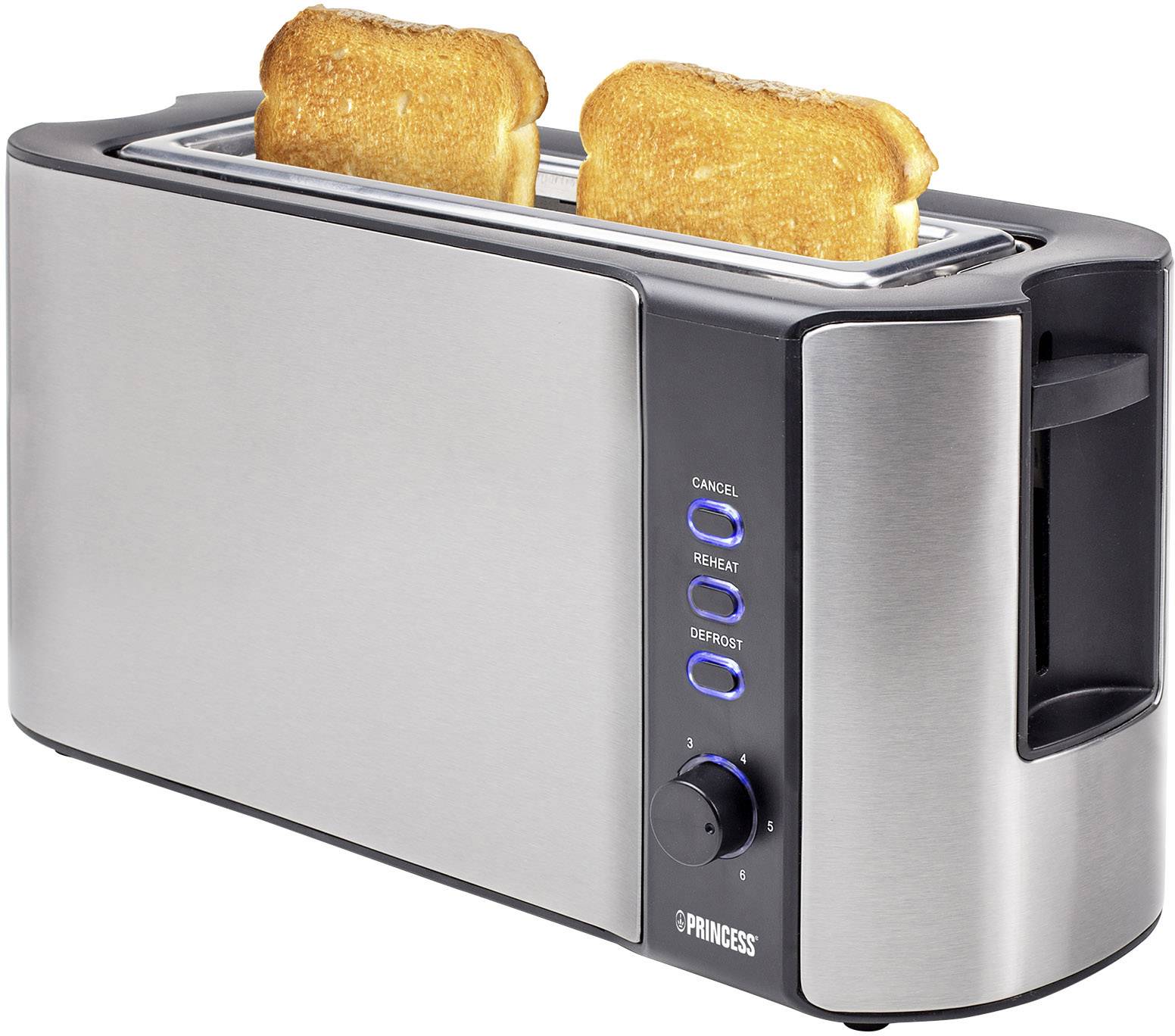 Princess Langschlitztoaster mit eingebautem Brötchenaufsatz Edelstahl, Schwarz