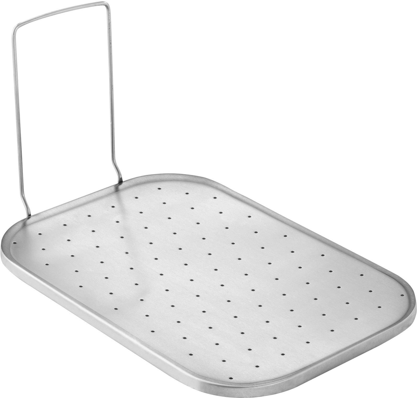 Ein rechteckiges Tablett aus Metall mit kleinen Löchern und einem aufrechten Griff an einer Seite, verwendet zum Abtropfen von Küchenutensilien.