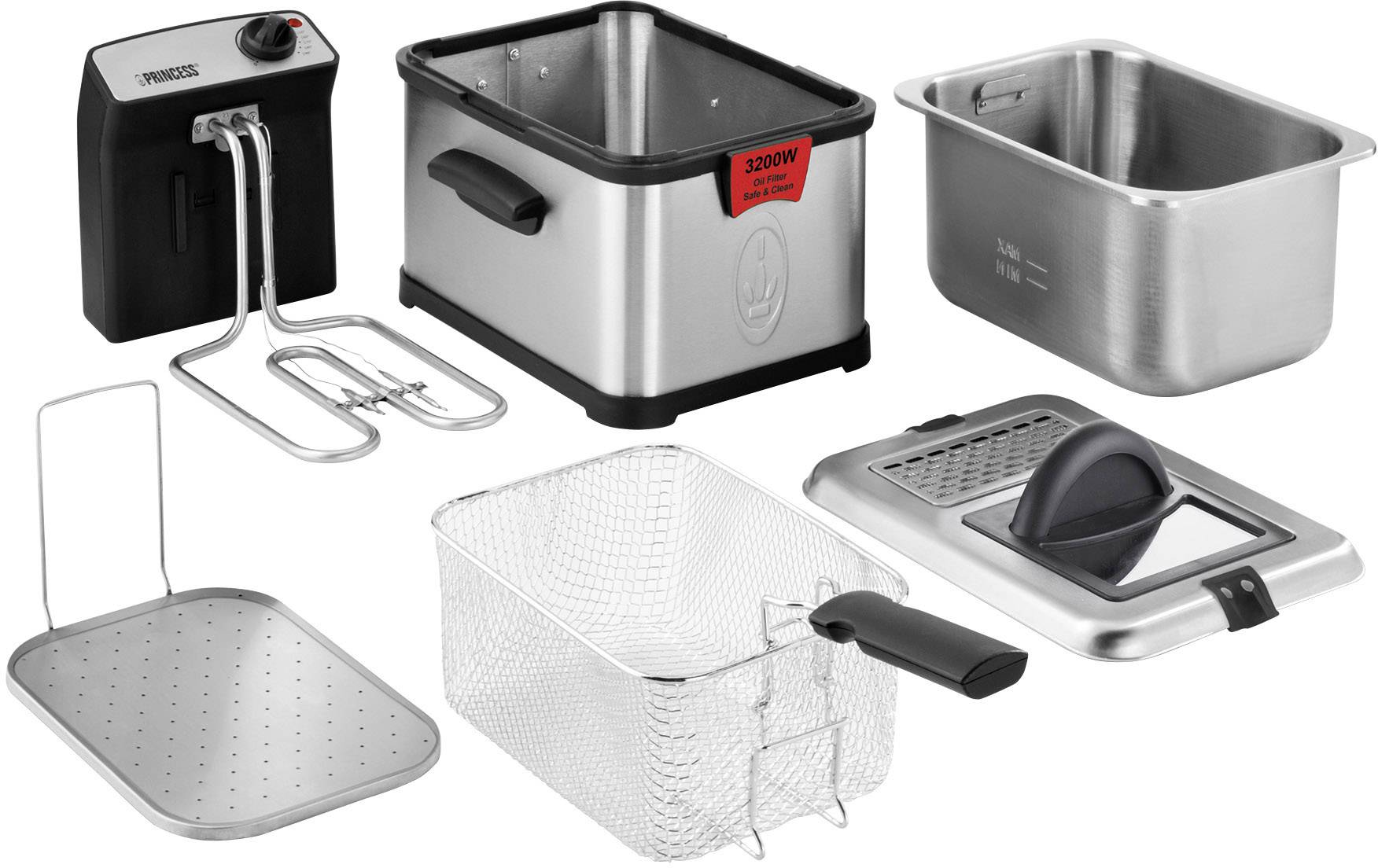 Zerlegbare Edelstahl-Fritteuse mit Heizgerät, Ölbehälter, Gitterkorb, Spritzschutz und Tablett. Leistung: 3200 Watt.