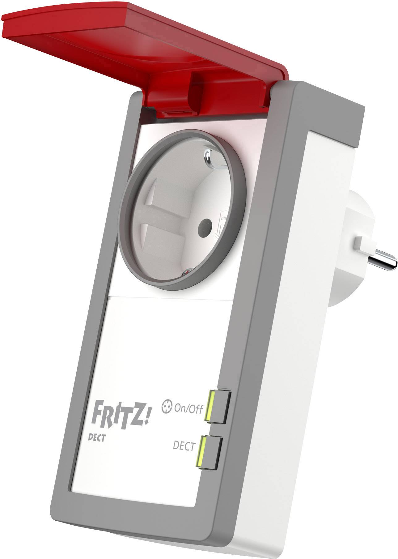 Eine smarte Steckdose mit Schalter, Markenlogo und LED-Anzeigen, zum Steuern von angeschlossenen Geräten über DECT-Technologie.