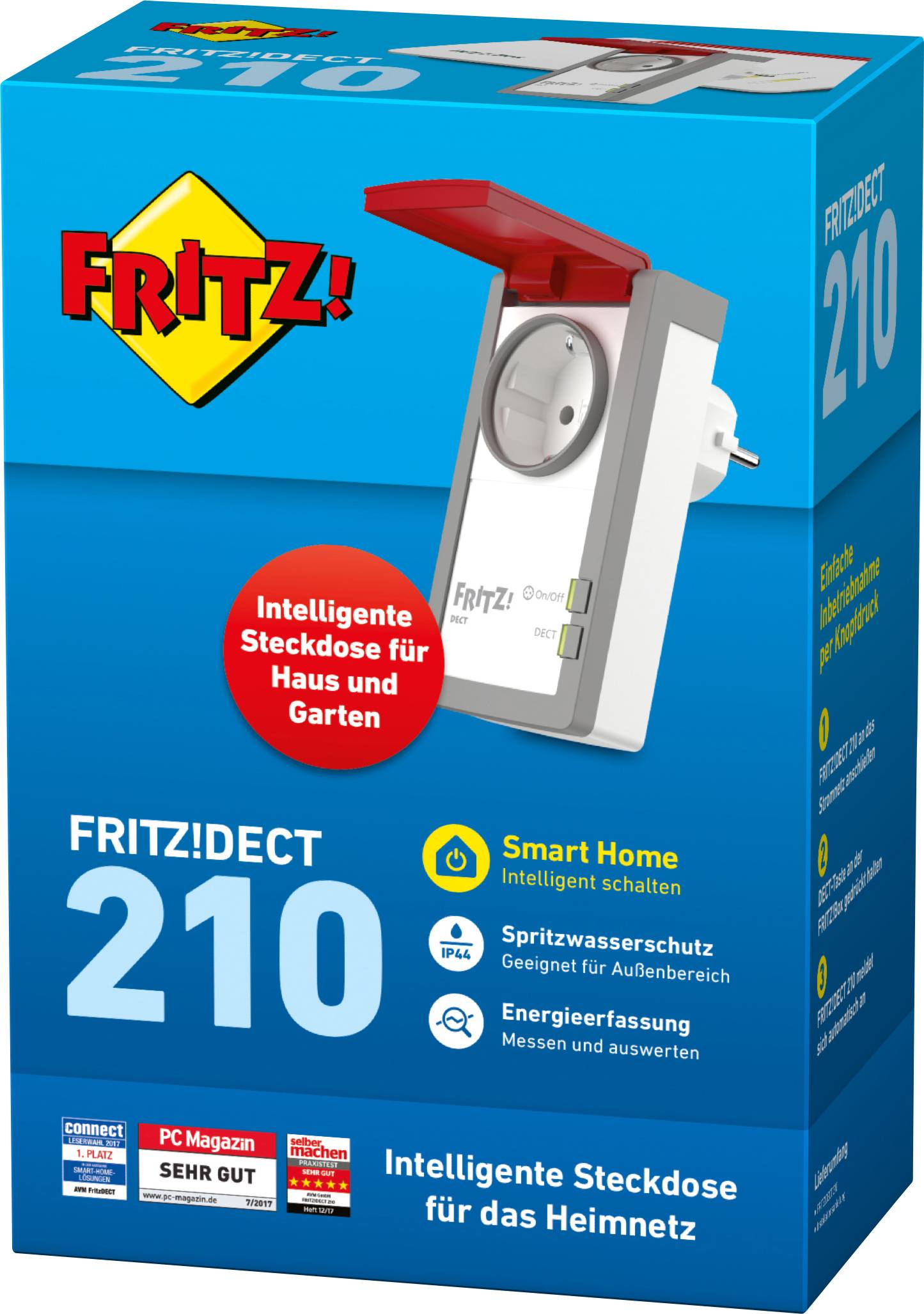 Verpackung der FRITZ!DECT 210: Intelligente Steckdose für Haus und Garten mit Spritzwasserschutz, Smart Home Features, Energieerfassung.