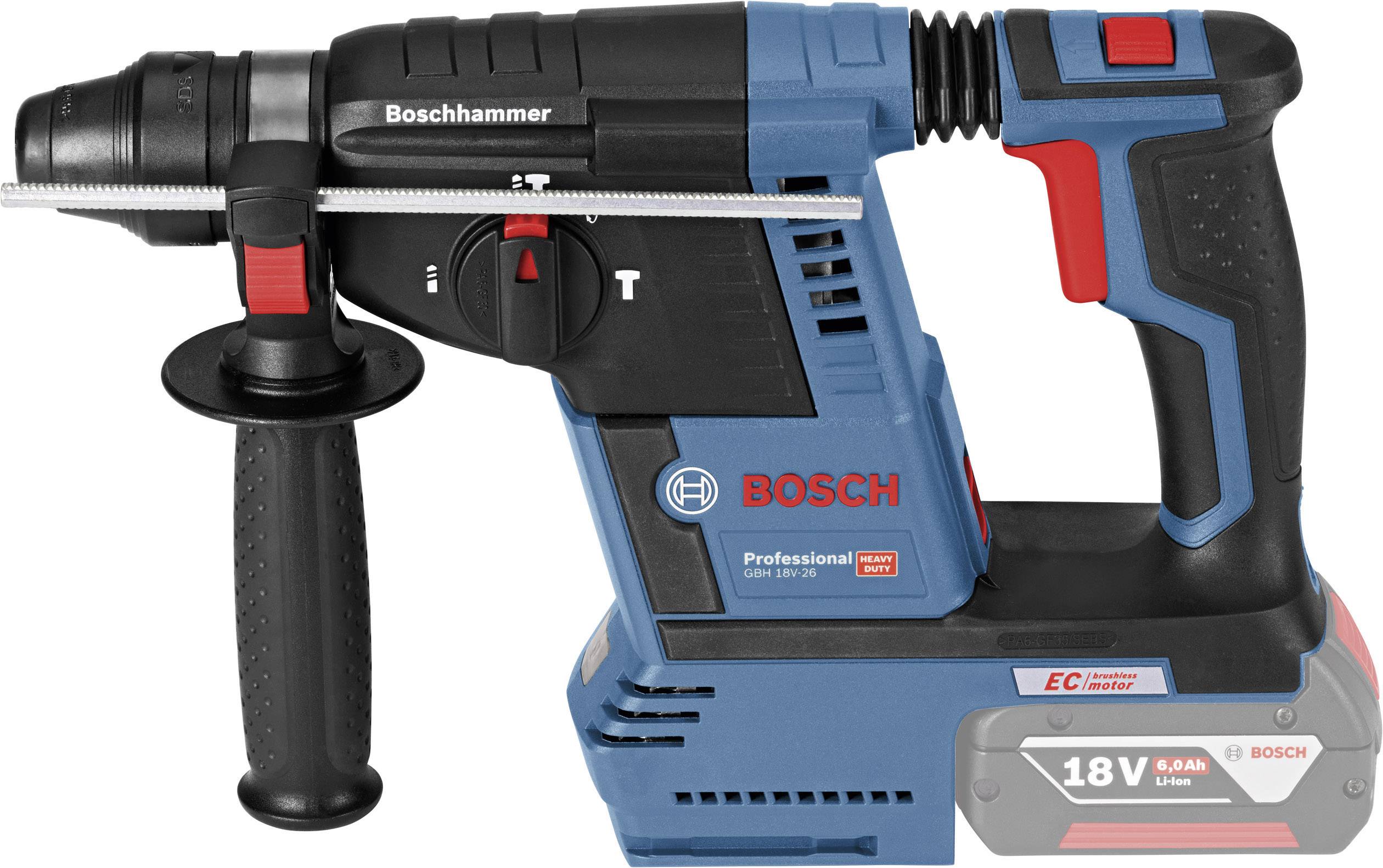 Akkubohrhammer mit ergonomischem Griff, Aufschrift 'Boschhammer', blau-rot-schwarzes Design, geeignet für professionelle Anwendungen.
